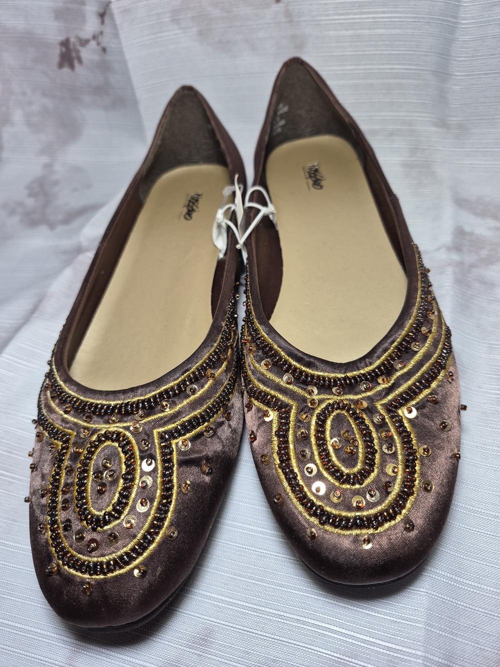 Massimo Brown Satin Embellished Ballet Flats
